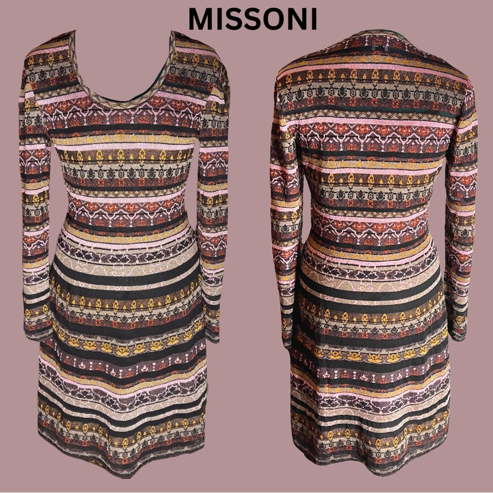 MISSONI VALENTINO S.P.A. MULTICOLOR LUREX JACQUARD KNIT DRESS SZ 10, SCOOP NECK - Picture 3 of 13